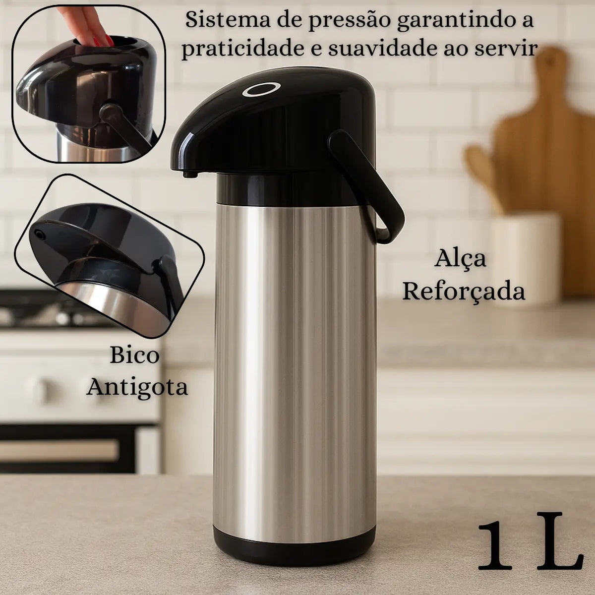 Garrafa Térmica Inox 1 Litro com Pressão – Ideal para Café, Chá e Chimarrão