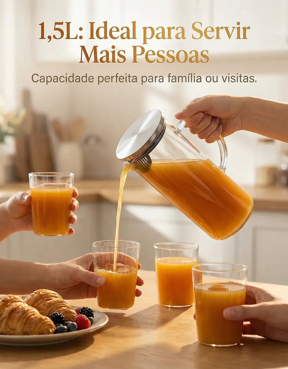 Jarra de Vidro Borossilicato 1,5L com Tampa Inox Hermética – Ideal para Água, Sucos e Bebidas