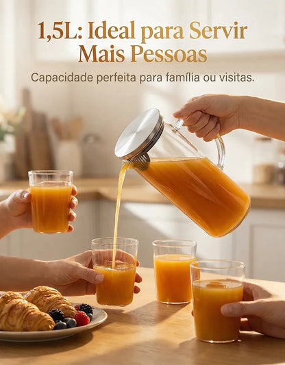 Jarra de Vidro Borossilicato 1,5L com Tampa Inox Hermética – Ideal para Água, Sucos e Bebidas