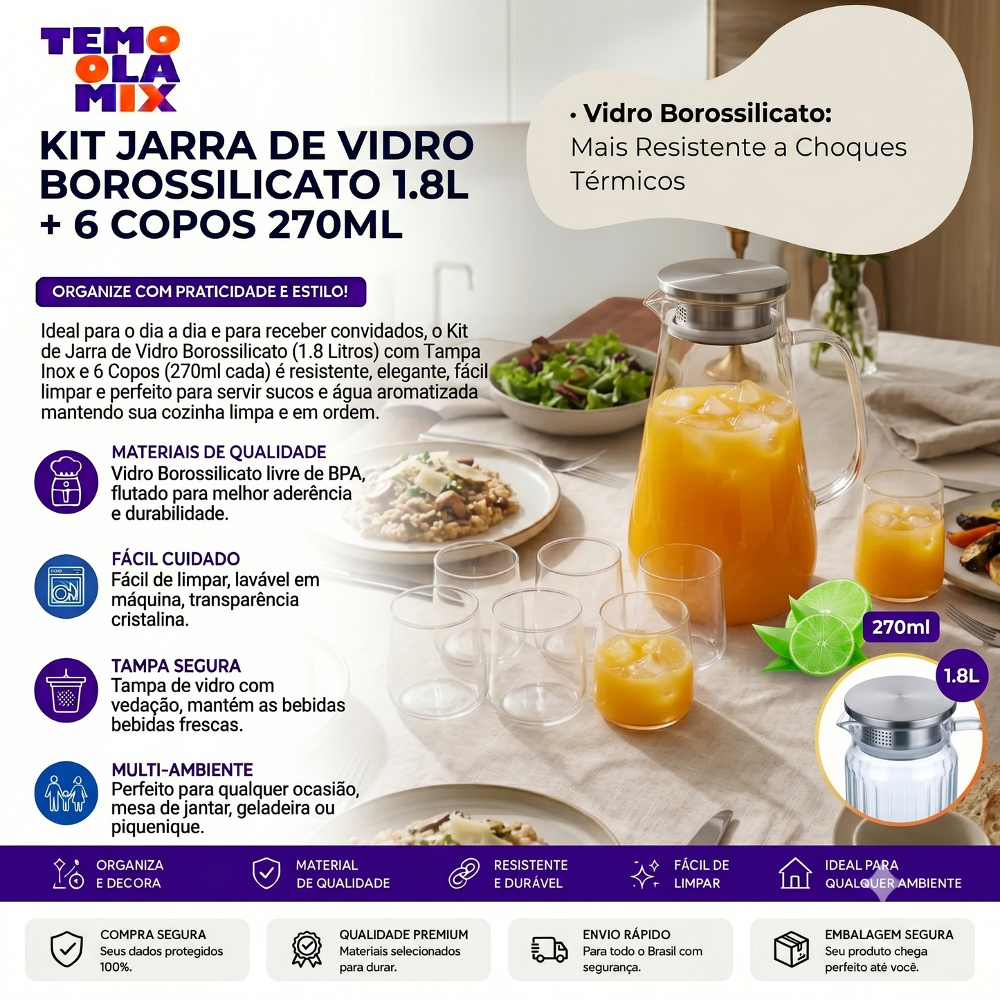 Jarra de Vidro Borossilicato 1,8L com Tampa Inox + Kit 6 Copos 270ml – Conjunto Elegante para Água, Suco e Bebidas