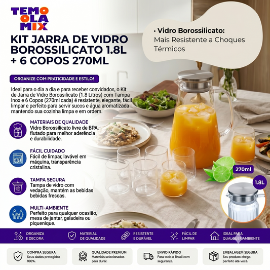 Jarra de Vidro Borossilicato 1,8L com Tampa Inox + Kit 6 Copos 270ml – Conjunto Elegante para Água, Suco e Bebidas