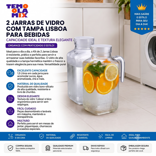 Kit 2 Jarras de Vidro com Tampa Lisboa para Bebidas – Elegância e Praticidade para Servir