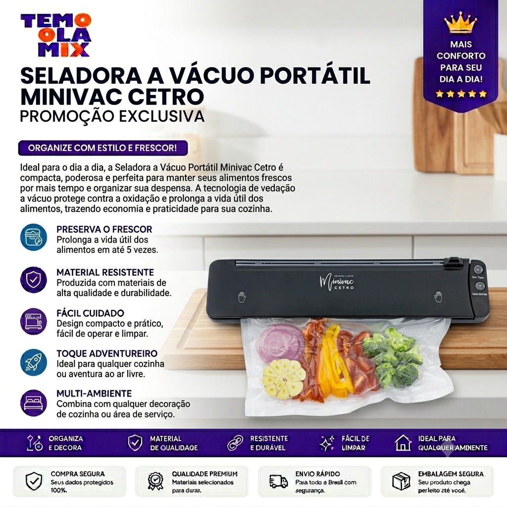 Seladora a Vácuo Portátil Minivac Cetro Bivolt – Conserva Alimentos por Mais Tempo