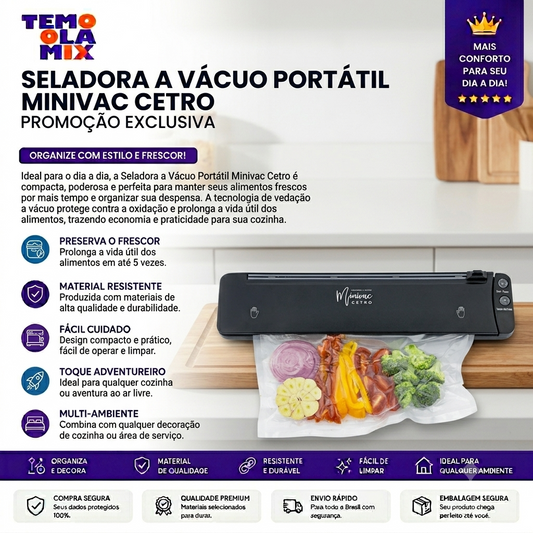 Seladora a Vácuo Portátil Minivac Cetro Bivolt – Conserva Alimentos por Mais Tempo