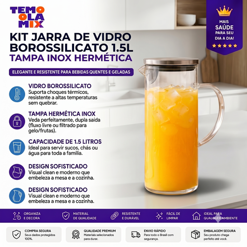 Jarra de Vidro Borossilicato 1,5L com Tampa Inox Hermética – Ideal para Água, Sucos e Bebidas
