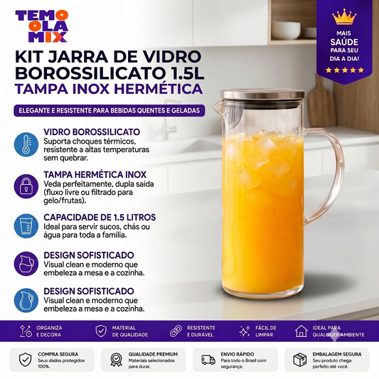 Jarra de Vidro Borossilicato 1,5L com Tampa Inox Hermética – Ideal para Água, Sucos e Bebidas