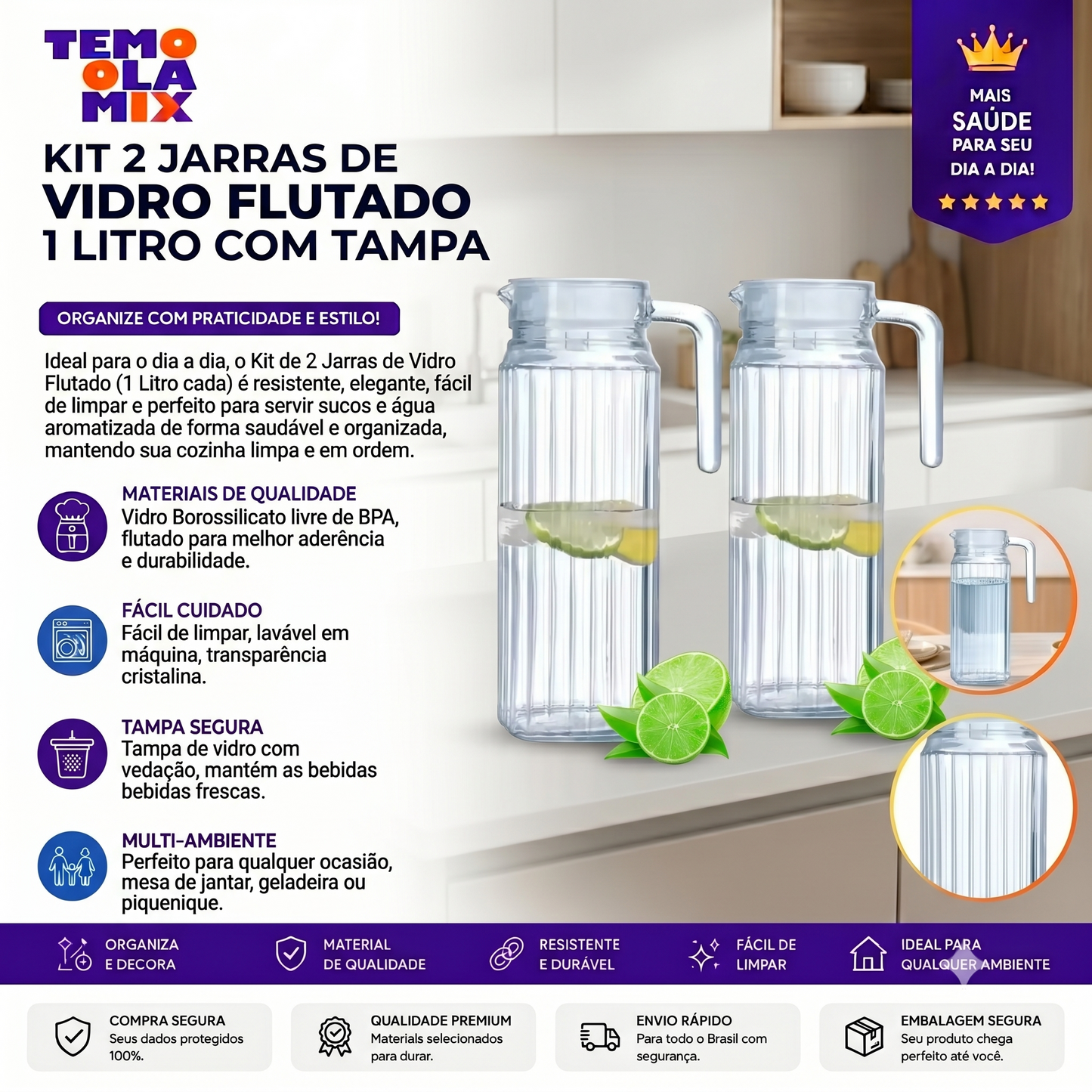 Kit 2 Jarras de Vidro 1 Litro com Tampa