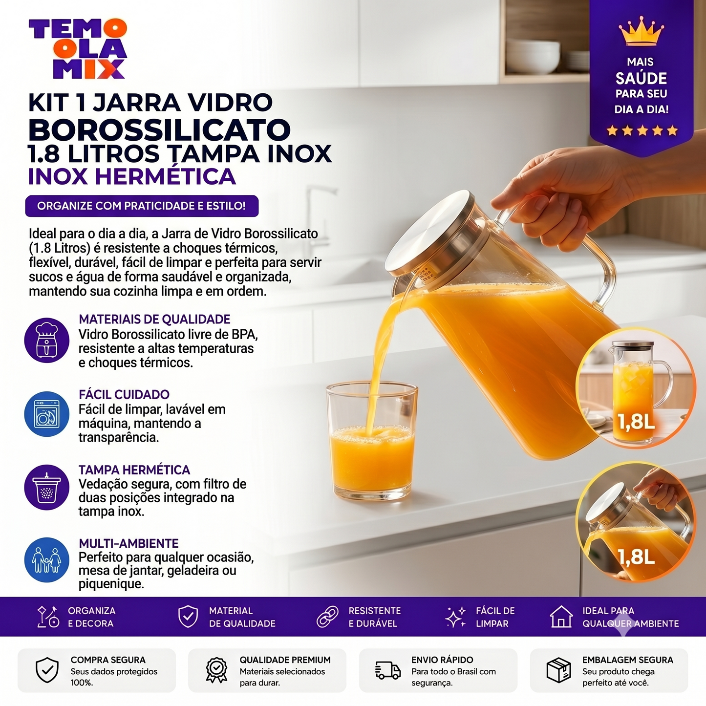 Jarra de Vidro Borossilicato 1,8L com Tampa Inox Hermética