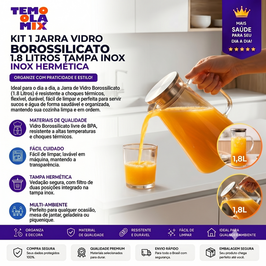 Jarra de Vidro Borossilicato 1,8L com Tampa Inox Hermética