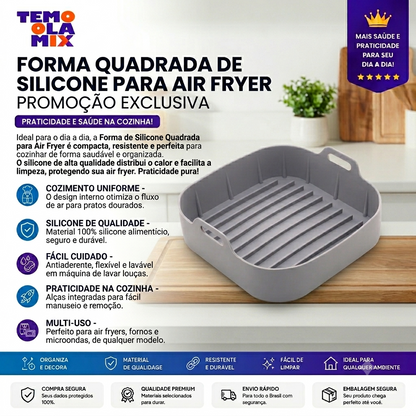 Forma Quadrada de Silicone para Air Fryer Cinza Reutilizável – Antiaderente e Resistente ao Calor