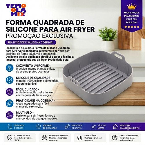 Forma Quadrada de Silicone para Air Fryer Cinza Reutilizável – Antiaderente e Resistente ao Calor