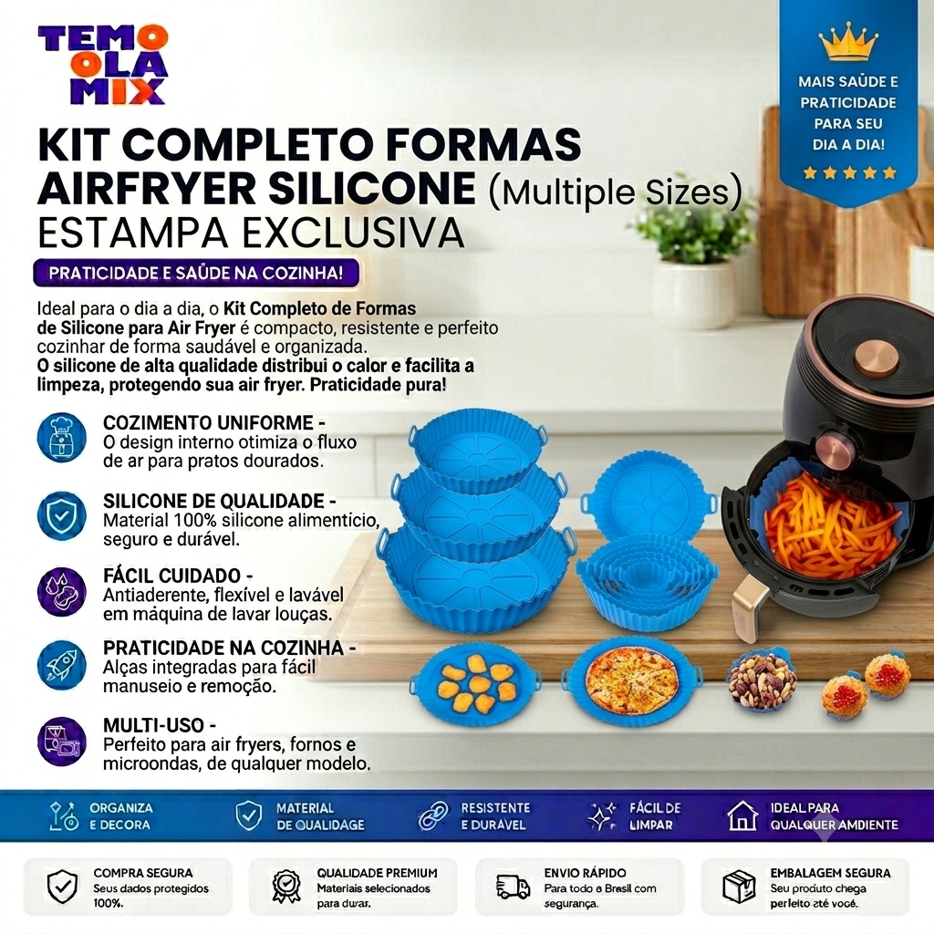 Kit 6 Formas de Silicone para Air Fryer Antiaderentes Reutilizáveis – Resistentes ao Calor