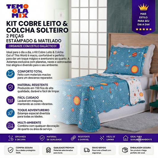 Kit Cobre Leito Colcha Solteiro 2 Peças 150 Fios Matelado Estampado
