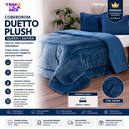 Coberdrom Duetto Plush Queen Safira Malha 100% Algodão 220x240cm – Maciez e Conforto Premium