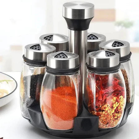Porta Temperos Giratório em Inox e Vidro com 7 Peças – Organizador de Especiarias para Cozinha