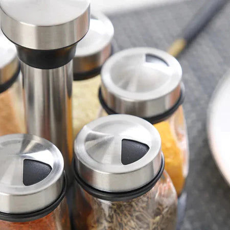 Porta Temperos Giratório em Inox e Vidro com 7 Peças – Organizador de Especiarias para Cozinha