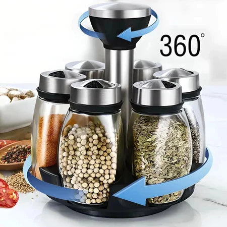 Porta Temperos Giratório em Inox e Vidro com 7 Peças – Organizador de Especiarias para Cozinha