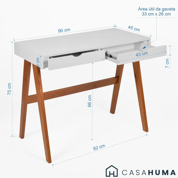 Escrivaninha Olivia 2 Gavetas com LED 90x45cm – Branco/Amêndoa para Home Office e Estudos
