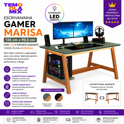 Escrivaninha Gamer com LED e Suporte para Gabinete –