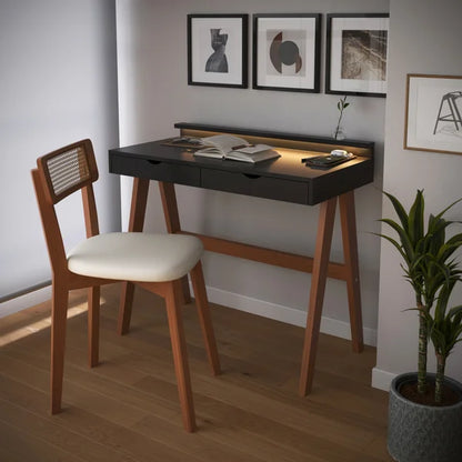 Escrivaninha Olivia 2 Gavetas com LED 90x45cm – Branco/Amêndoa para Home Office e Estudos