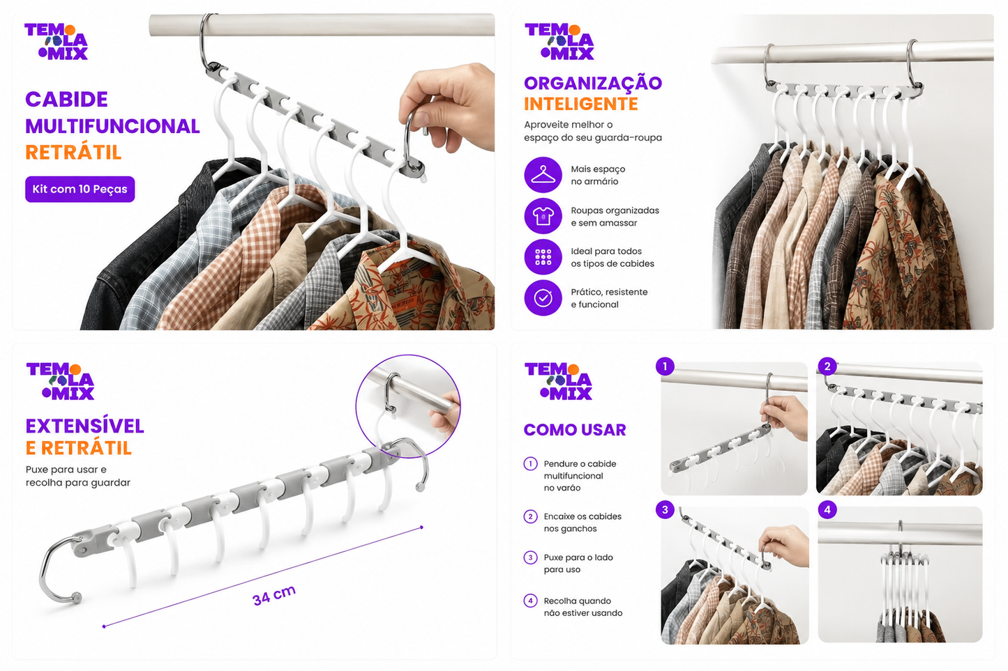 Cabide Multifuncional Retrátil Organizador de Guarda-Roupa – Economize Até 80% de Espaço